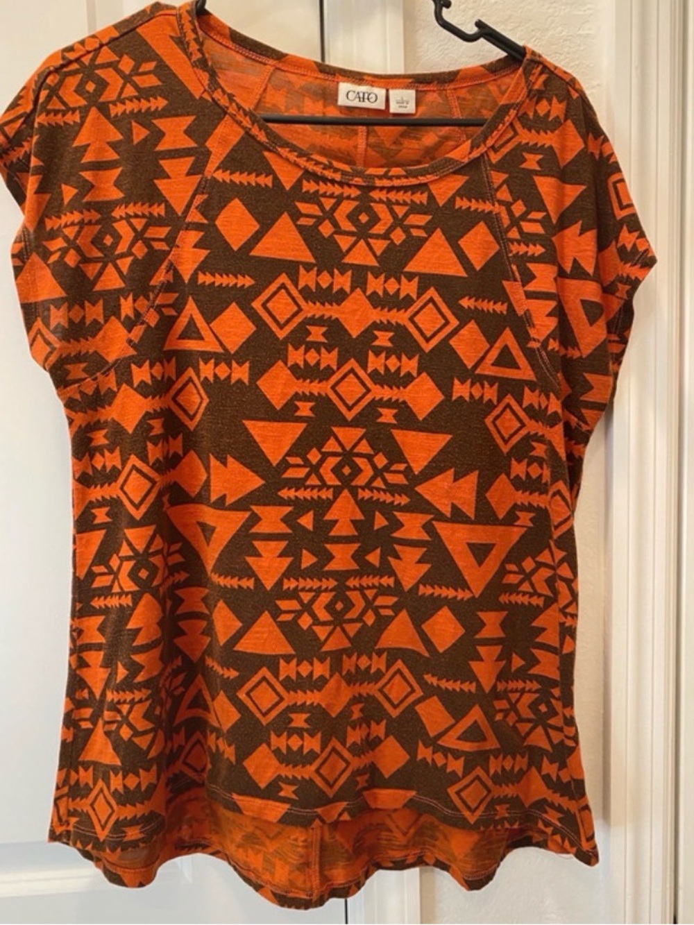 Cato Orange and Brown Geometric Aztec Short Sleeve Tee
